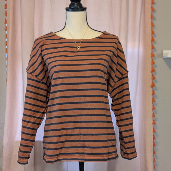 Madewell Striped 3/4 Sleeve Heavy Cotton Tee Sweater Orange Navy Blue Sz XL - Picture 1 of 9